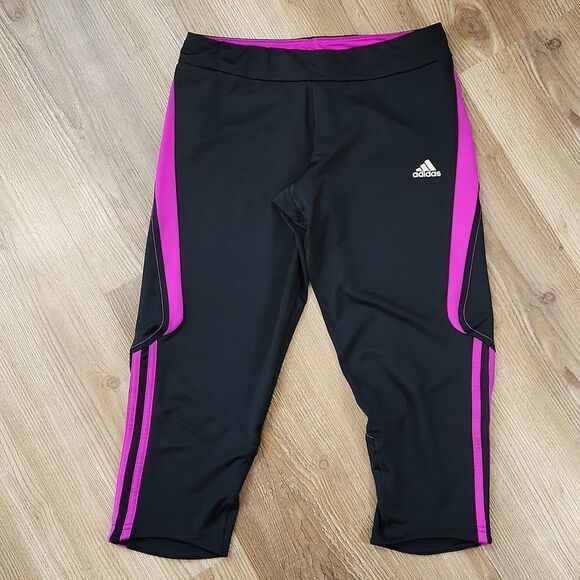 ☔️💜Adidas Black & Fuchsia Cropped Athletic Pants Medium - Picture 2 of 13